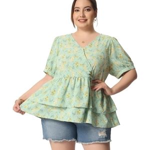 Agnes Orinda Plus Size Blouse V Neck Short Sleeve Layered Peplum Floral Top